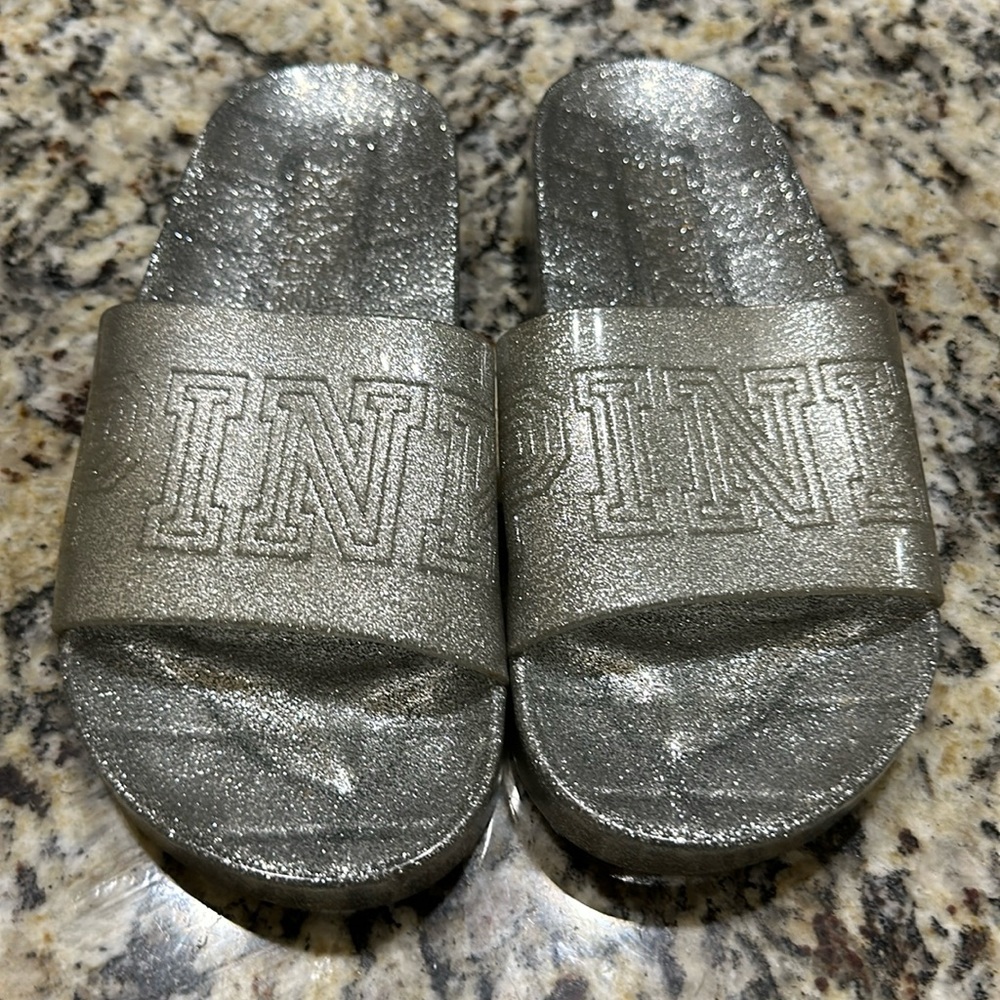 PINK Silver Glitterbomb Slides Women’s Size 6